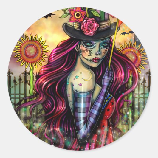 Sugar Skull Meisje Fantasy Halloween Kunst Ronde Sticker (Voorkant)