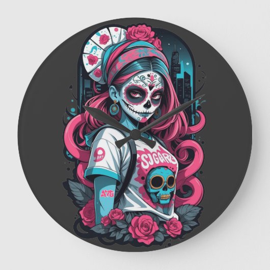Sugar Skull Meisje met Roze Hoogtepunten en Rozen Grote Klok (Voorkant)