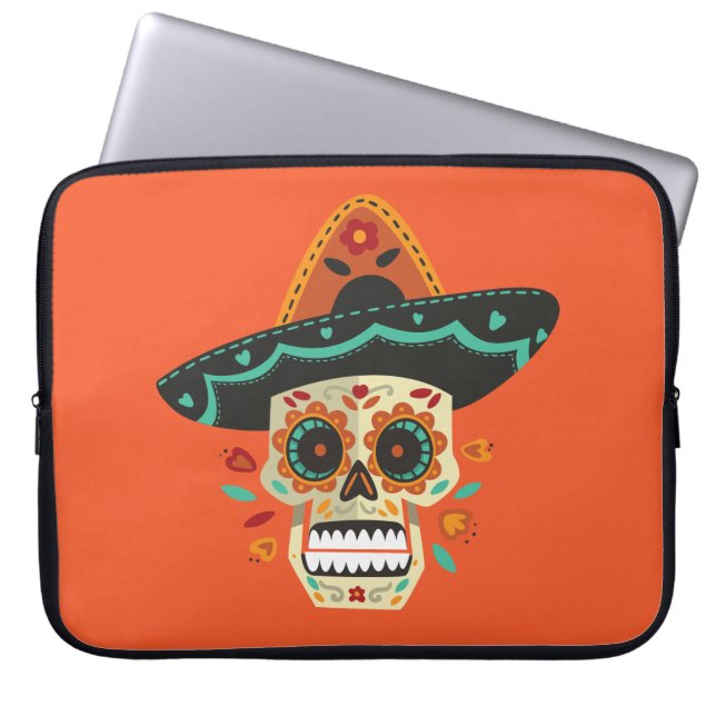 Sugar Skull met Pet Dia de Muertos Laptop Sleeve (Voorkant)