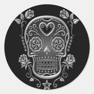Sugar Skull met Rozen, donker Ronde Sticker
