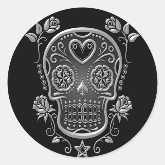 Sugar Skull met Rozen, donker Ronde Sticker (Voorkant)