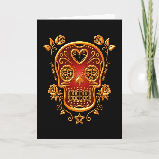 Sugar Skull met Rozen, geel en rood Kaart (Voorkant)