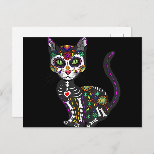 Sugar Skull Mexican Cat Halloween Day Of The Dead Feestdagenkaart (Voorkant / Achterkant)