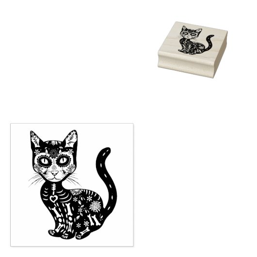 Sugar Skull Mexican Cat Halloween Day Of The Dead Rubberstempel (Gestempeld)