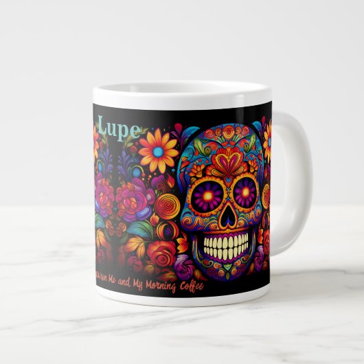 Sugar Skull Naam toevoegen Tekst Verjaardagscadeau Grote Koffiekop (Voorkant rechts)