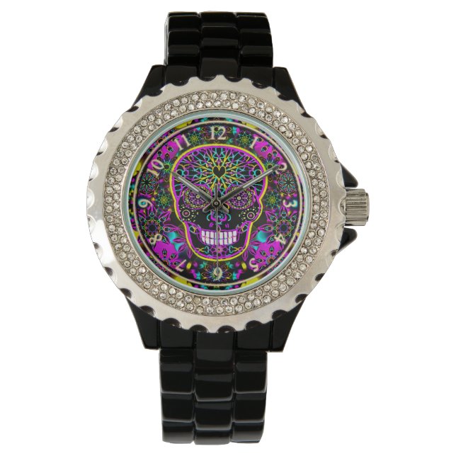 Sugar Skull Neon Pink Horloge (Voorkant)