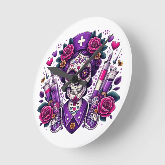 Sugar Skull Nurse Clock Ronde Klok (Hoek)