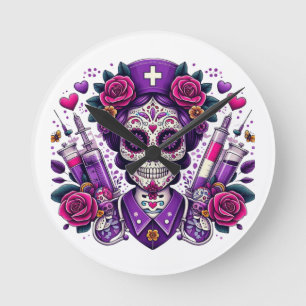 Sugar Skull Nurse Clock Ronde Klok