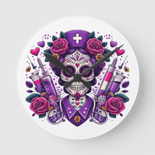 Sugar Skull Nurse Clock Ronde Klok (Voorkant)
