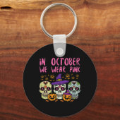 Sugar Skull Oker Roze borstkankerbewustzijn H Sleutelhanger (Voorkant)