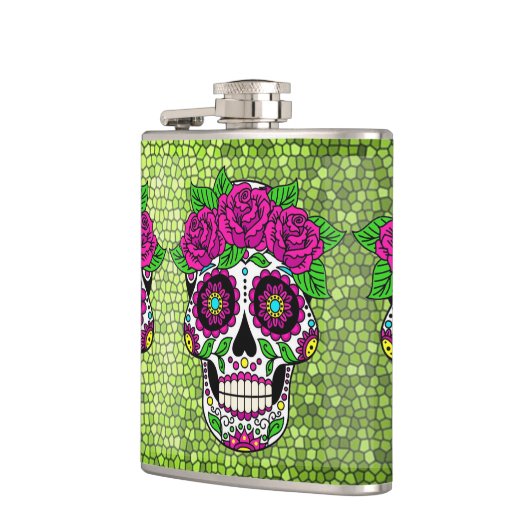 Sugar Skull op Glitter Achtergrond Dag van de Dode Heupfles (Links)