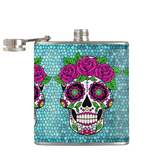 Sugar Skull op Glitter Achtergrond Dag van de Dode Heupfles (Geopend)
