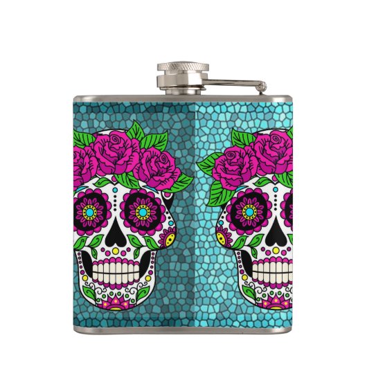 Sugar Skull op Glitter Achtergrond Dag van de Dode Heupfles (Achterkant)