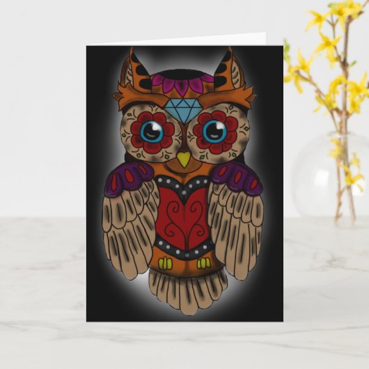 Sugar Skull Owl-Wenskaart Kaart (Gele Bloem)
