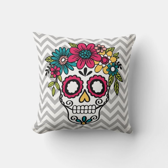 Sugar Skull Pillow, Day of the Dead, Flowers Kussen (Voorkant)