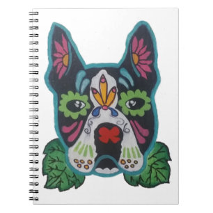 Sugar Skull Pink Green Boston Terrier Folk Art Notitieboek