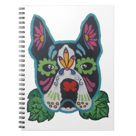 Sugar Skull Pink Green Boston Terrier Folk Art Notitieboek (Voorkant)