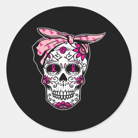Sugar Skull Pink Ribbon Cool Breast Cancer Awarene Ronde Sticker (Voorkant)