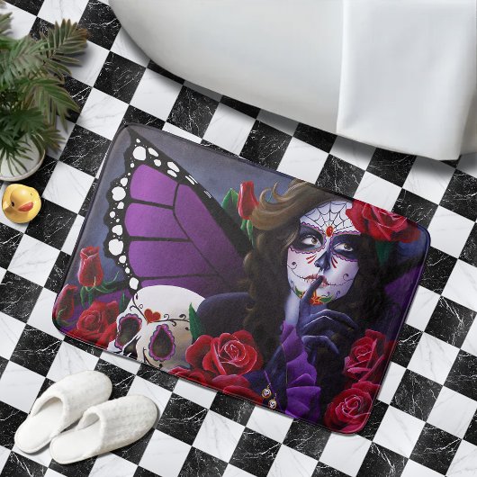 Sugar Skull Red Roses Paarse Badmat