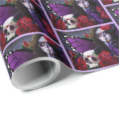 Sugar SKull Red Roses Paarse Cadeaupapier (Rol Hoek)