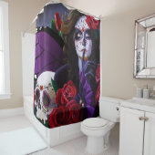 Sugar Skull Red Roses Paarse Douchegordijn (In situ)