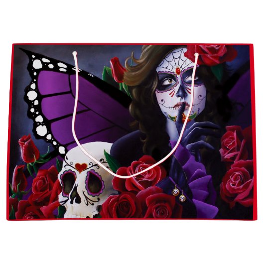 Sugar Skull Red Roses Paarse Groot Cadeauzakje (Voorkant)