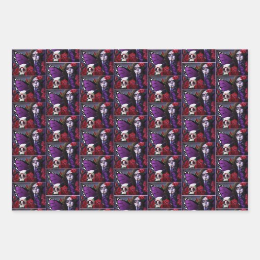 Sugar Skull Red Roses Paarse Inpakpapier Vel (Voorkant 2)