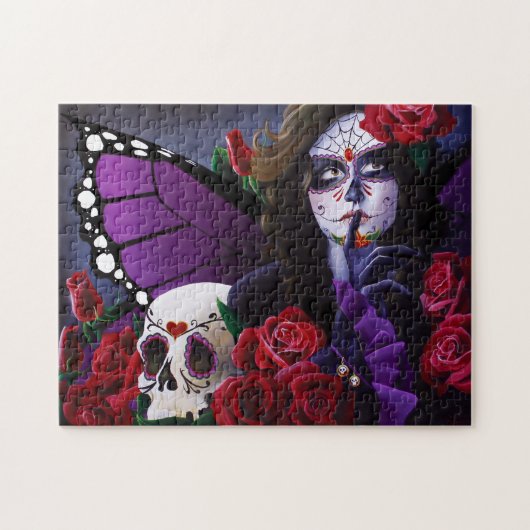 Sugar Skull Red Roses Paarse Legpuzzel (Horizontaal)