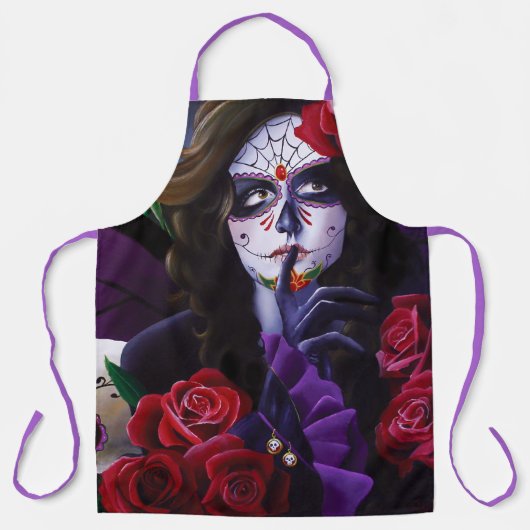 Sugar Skull Red Roses Paarse Schort (Voorkant)