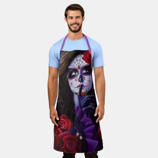 Sugar Skull Red Roses Paarse Schort (Gedragen)