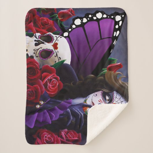 Sugar Skull Red Roses Paarse Sherpa Deken (Voorkant)