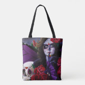 Sugar Skull Red Roses Paarse Tote Bag (Achterkant)