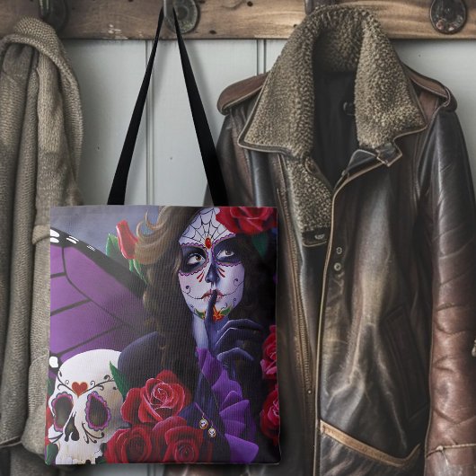 Sugar Skull Red Roses Paarse Tote Bag
