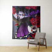 Sugar Skull Red Roses Paarse Wandkleed (In situ)