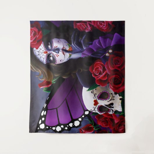 Sugar Skull Red Roses Paarse Wandkleed (Voorkant)