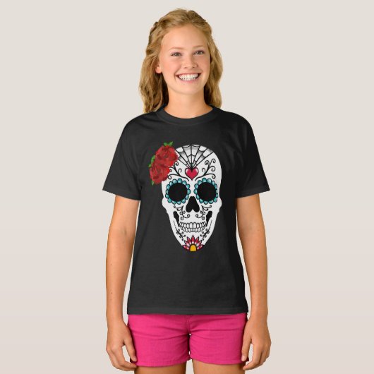  Sugar Skull Red Roses T-shirt (Voorkant volledig)