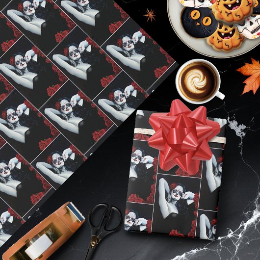 Sugar Skull Red Roses Zwart Cadeaupapier