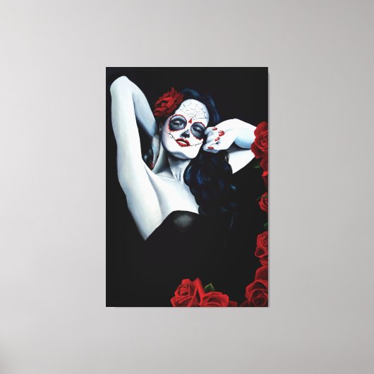 Sugar Skull Red Roses Zwart Canvas Afdruk (Voorkant)