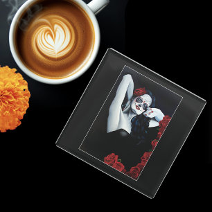 Sugar Skull Red Roses Zwart Glazen Onderzetter
