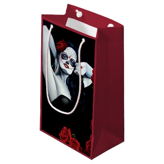 Sugar Skull Red Roses Zwart Klein Cadeauzakje (Voorkant Gekanteld)