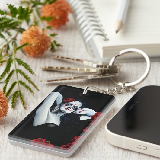 Sugar Skull Red Roses Zwart Sleutelhanger (Voorkant Rechts)