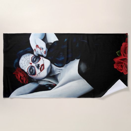 Sugar Skull Red Roses Zwart Strandlaken (Voorkant)