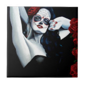 Sugar Skull Red Roses Zwart Tegeltje (Voorkant)