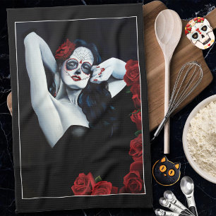 Sugar Skull Red Roses Zwart Theedoek