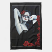 Sugar Skull Red Roses Zwart Theedoek (Verticaal)