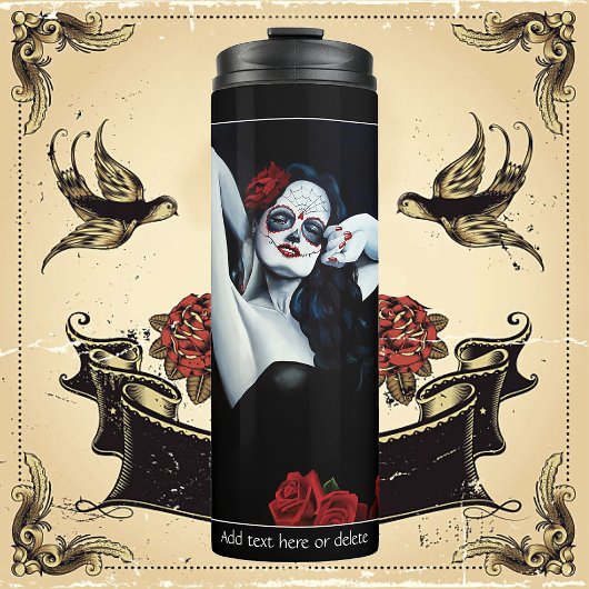 Sugar Skull Red Roses Zwart Thermosbeker