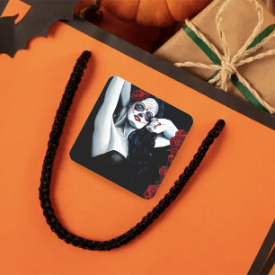 Sugar Skull Red Roses Zwart Vierkante Sticker