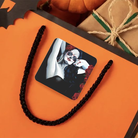 Sugar Skull Red Roses Zwart Vierkante Sticker