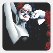 Sugar Skull Red Roses Zwart Vierkante Sticker (Voorkant)