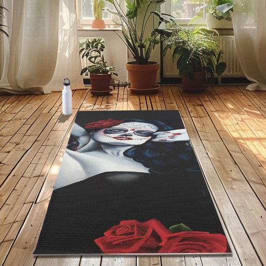 Sugar Skull Red Roses Zwart Yogamat